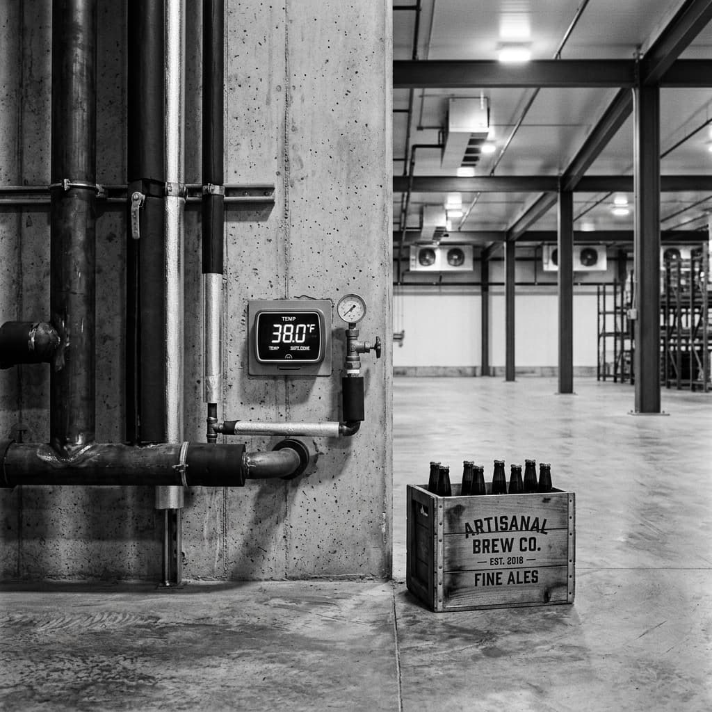 Minimalist architectural representation of an industrial cold-storage warehouse node kept at a precise 38 degrees Fahrenheit.